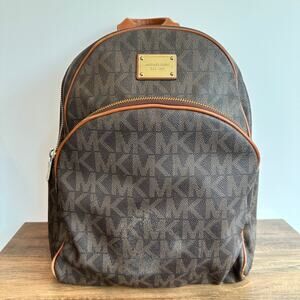 Michael Kors Monogram Brown Leather Gold Hardware Multi Pocket Backpack